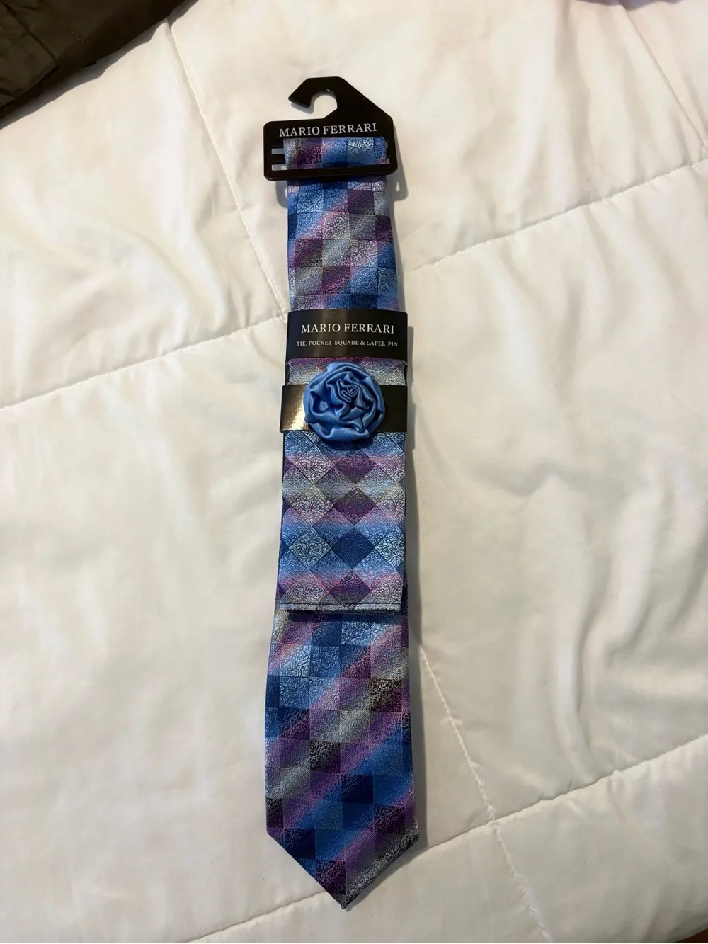 Mario Ferrari Tie Set Blue Purple Geometric Tie Pocket Square & Lapel Pin